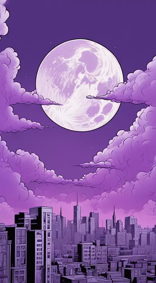 dibujar ciudad de estilo comico colores lila purpura nubes con fondo de luna neblina ultra Imagen