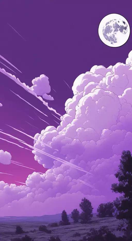 dibujar estilo comico colores ilac purpura nubes cumulonimbos con neblina terrestre fondo Imagen